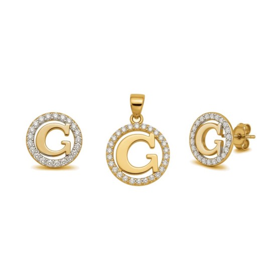 925 Sterling Silver 14k Gold Plated CZ Letter G Pendant Set