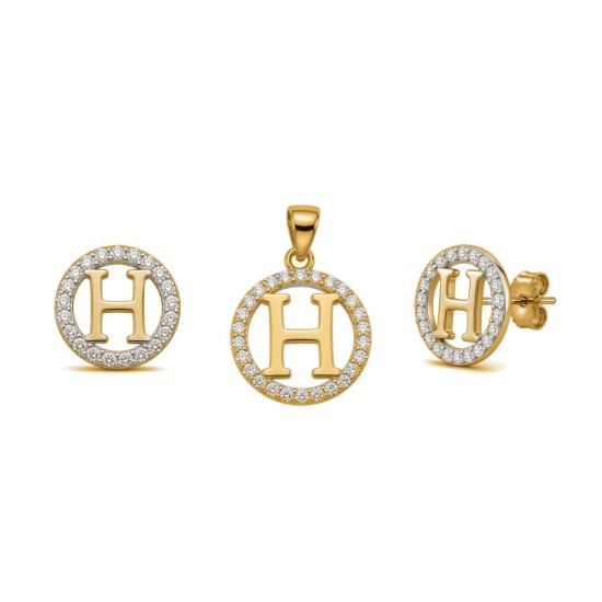 925 Sterling Silver 14k Gold Plated CZ Letter H Pendant Set