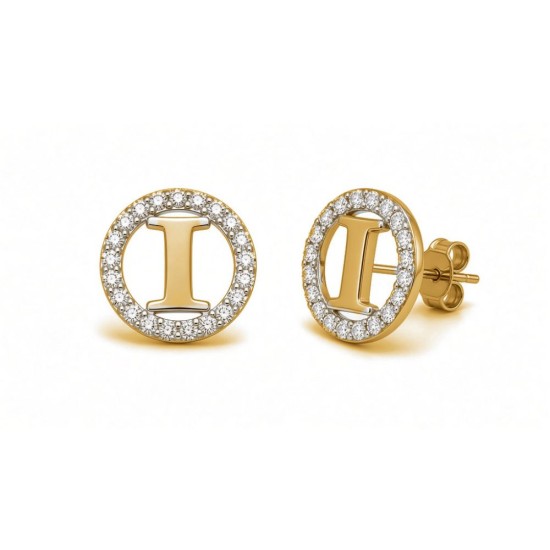 925 Sterling Silver 14k Gold Plated CZ Letter I Pendant Set
