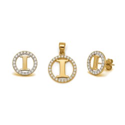 925 Sterling Silver 14k Gold Plated CZ Letter I Pendant Set