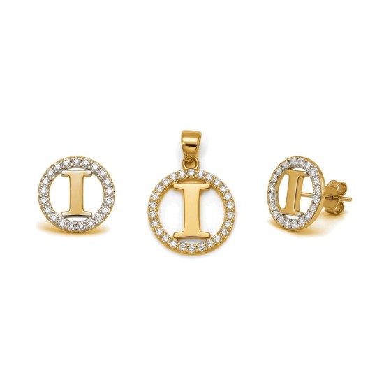925 Sterling Silver 14k Gold Plated CZ Letter I Pendant Set