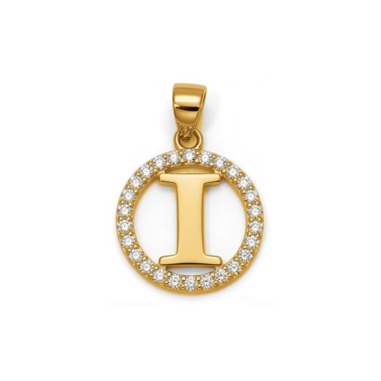 925 Sterling Silver 14k Gold Plated CZ Letter I Pendant Set