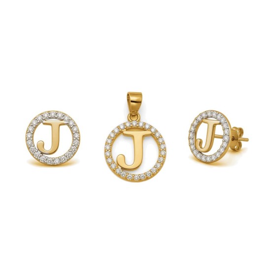 925 Sterling Silver 14k Gold Plated CZ Letter J Pendant Set