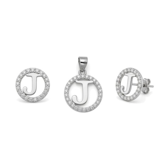 925 Sterling Silver CZ Letter J Pendant Set
