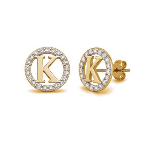 925 Sterling Silver 14k Gold Plated CZ Letter K Pendant Set