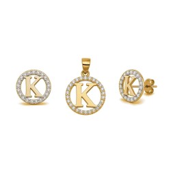 925 Sterling Silver 14k Gold Plated CZ Letter K Pendant Set