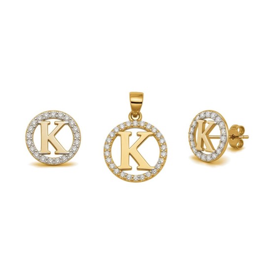 925 Sterling Silver 14k Gold Plated CZ Letter K Pendant Set
