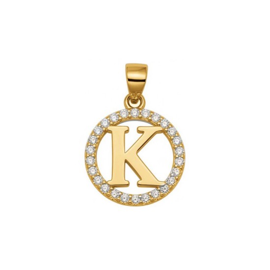 925 Sterling Silver 14k Gold Plated CZ Letter K Pendant Set
