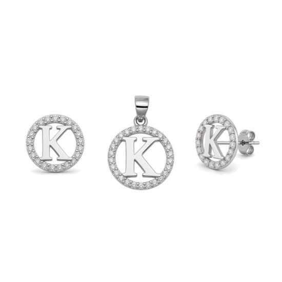 925 Sterling Silver CZ Letter K Pendant Set