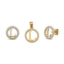 925 Sterling Silver 14k Gold Plated CZ Letter L Pendant Set