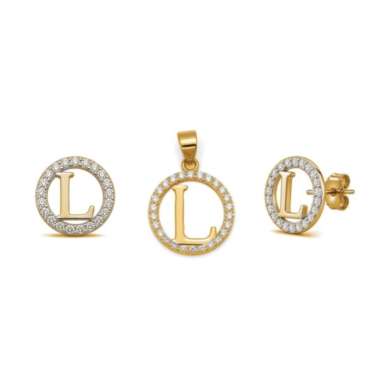 925 Sterling Silver 14k Gold Plated CZ Letter L Pendant Set