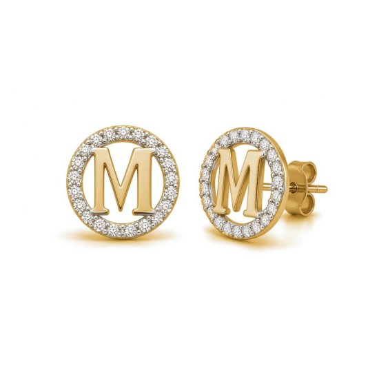 925 Sterling Silver 14k Gold Plated CZ Letter M Pendant Set