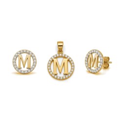 925 Sterling Silver 14k Gold Plated CZ Letter M Pendant Set