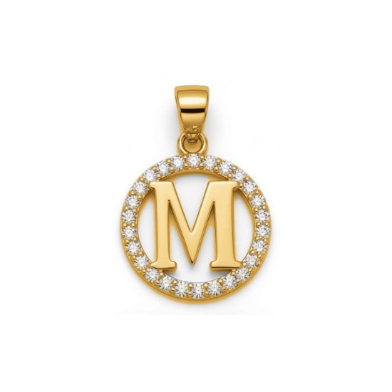 925 Sterling Silver 14k Gold Plated CZ Letter M Pendant Set