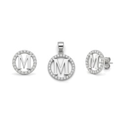 925 Sterling Silver CZ Letter M Pendant Set