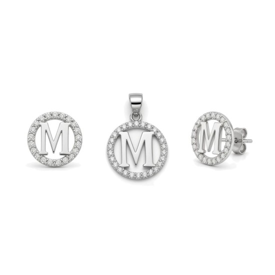 925 Sterling Silver CZ Letter M Pendant Set