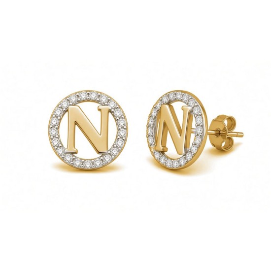 925 Sterling Silver 14k Gold Plated CZ Letter N Pendant Set
