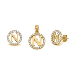 925 Sterling Silver 14k Gold Plated CZ Letter N Pendant Set