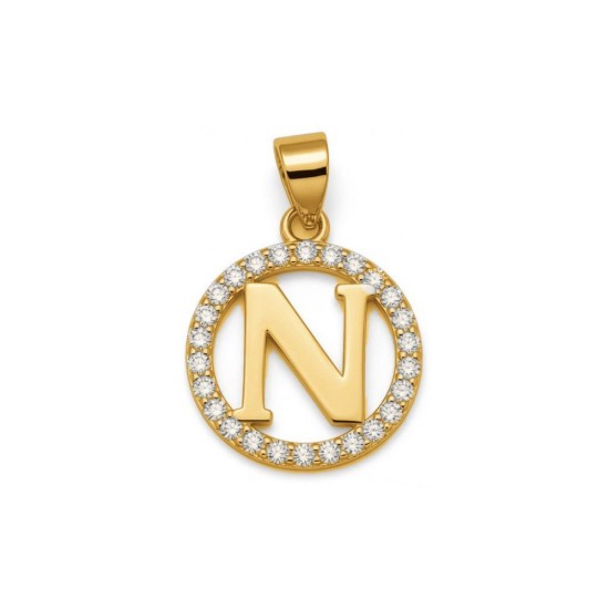 925 Sterling Silver 14k Gold Plated CZ Letter N Pendant Set