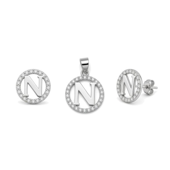 925 Sterling Silver CZ Letter N Pendant Set