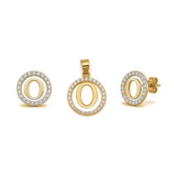 925 Sterling Silver 14k Gold Plated CZ Letter O Pendant Set