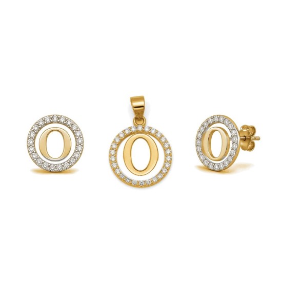 925 Sterling Silver 14k Gold Plated CZ Letter O Pendant Set