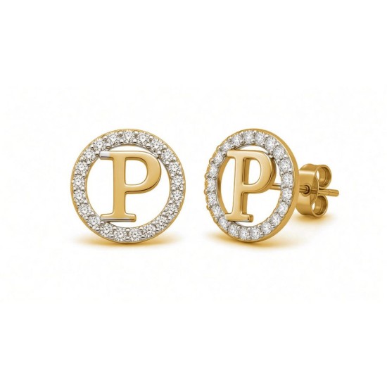 925 Sterling Silver 14k Gold Plated CZ Letter P Pendant Set