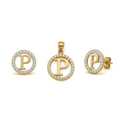 925 Sterling Silver 14k Gold Plated CZ Letter P Pendant Set