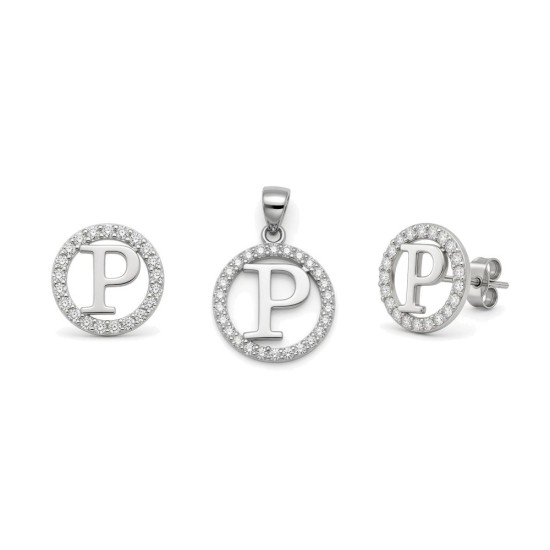 925 Sterling Silver CZ Letter P Pendant Set