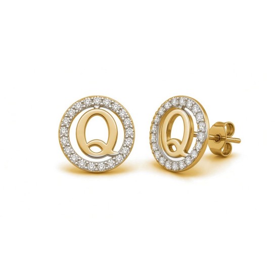 925 Sterling Silver 14k Gold Plated CZ Letter Q Pendant Set