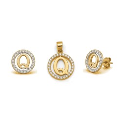 925 Sterling Silver 14k Gold Plated CZ Letter Q Pendant Set