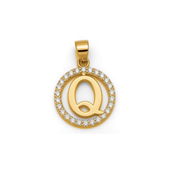 925 Sterling Silver 14k Gold Plated CZ Letter Q Pendant Set