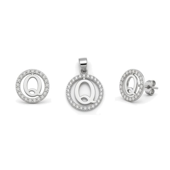 925 Sterling Silver CZ Letter Q Pendant Set