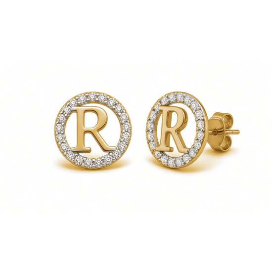 925 Sterling Silver 14k Gold Plated CZ Letter R Pendant Set
