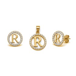 925 Sterling Silver 14k Gold Plated CZ Letter R Pendant Set