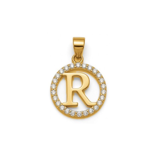 925 Sterling Silver 14k Gold Plated CZ Letter R Pendant Set