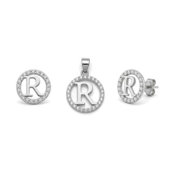 925 Sterling Silver CZ Letter R Pendant Set