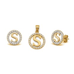 925 Sterling Silver 14k Gold Plated CZ Letter S Pendant Set