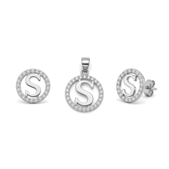 925 Sterling Silver CZ Letter S Pendant Set