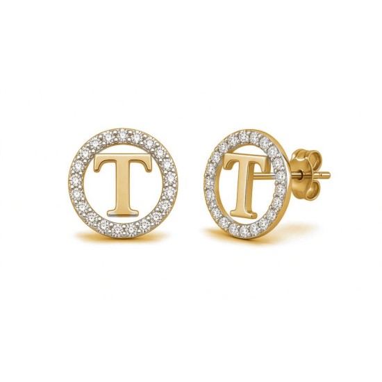 925 Sterling Silver 14k Gold Plated CZ Letter T Pendant Set
