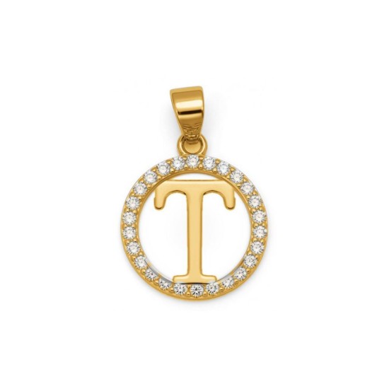 925 Sterling Silver 14k Gold Plated CZ Letter T Pendant Set