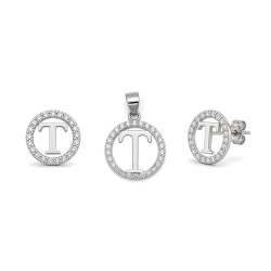 925 Sterling Silver CZ Letter T Pendant Set