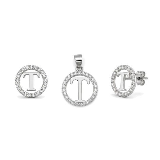 925 Sterling Silver CZ Letter T Pendant Set