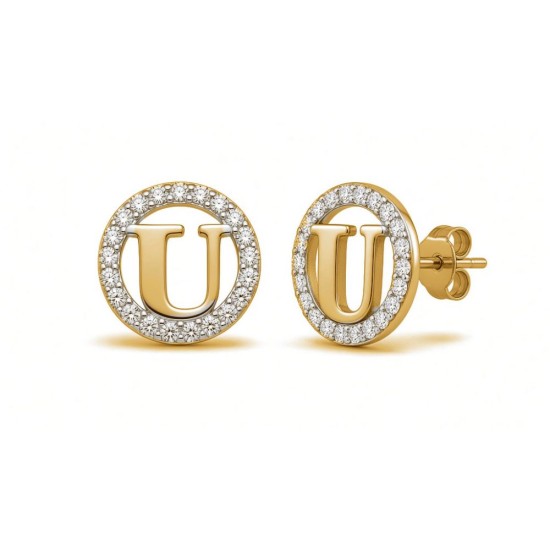 925 Sterling Silver 14k Gold Plated CZ Letter U Pendant Set