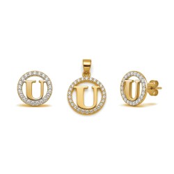 925 Sterling Silver 14k Gold Plated CZ Letter U Pendant Set