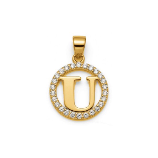 925 Sterling Silver 14k Gold Plated CZ Letter U Pendant Set