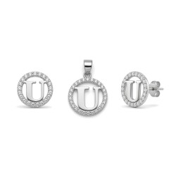 925 Sterling Silver CZ Letter U Pendant Set