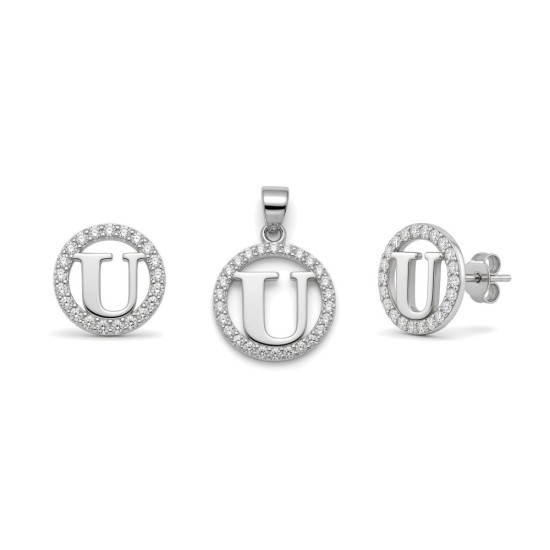925 Sterling Silver CZ Letter U Pendant Set