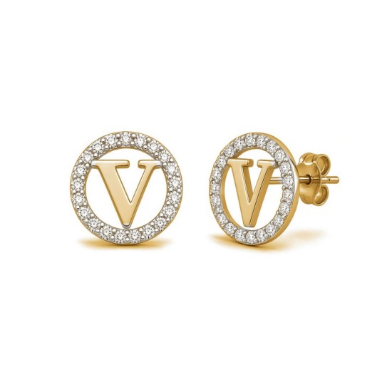 925 Sterling Silver 14k Gold Plated CZ Letter V Pendant Set