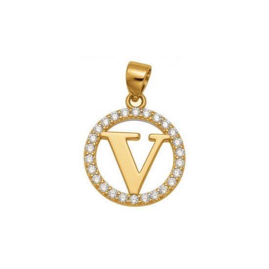 925 Sterling Silver 14k Gold Plated CZ Letter V Pendant Set